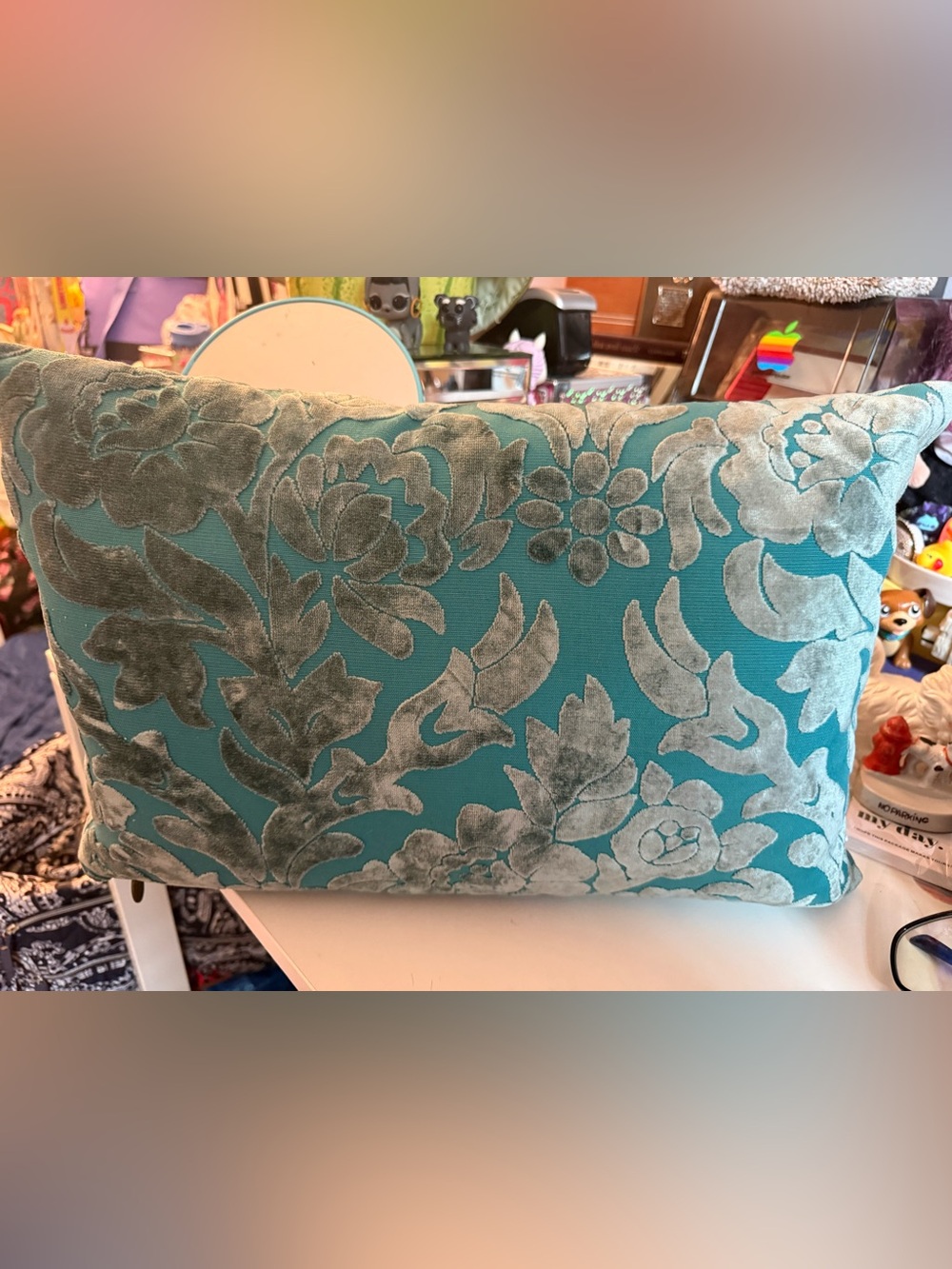 Vintage Pier 1 Imports Teal Velvet Damask Lumbar Pillow